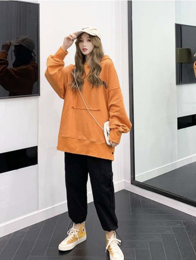 秋 冬 レディース トップス パーカー トレーナー だぼっと ゆったり サイドボタン 橙 ワンカラー 原宿系 韓国 きれいめ プチプラ Yn 8 54 Dress Sugar Moon