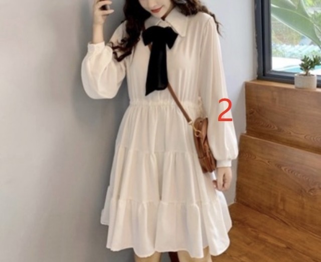 モノトーンレトロワンピース ガーリー シャツワンピ シンプル リボンタイ Me ﾐｰ