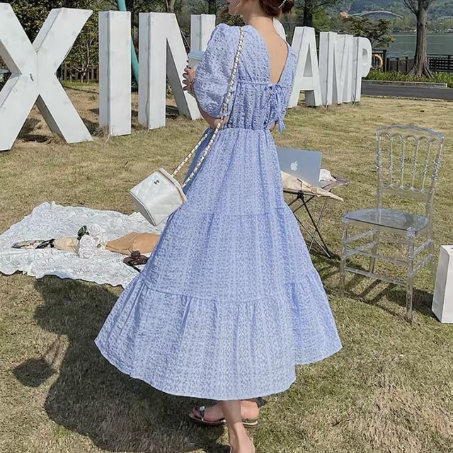 No 574 レディース ロングワンピース シフォンワンピース パフスリーブ バックリボン フェミニン フレア パンチングレース おしゃれ 韓国ファッション 韓国のプチプラレディース 子供服ショップ Sourire