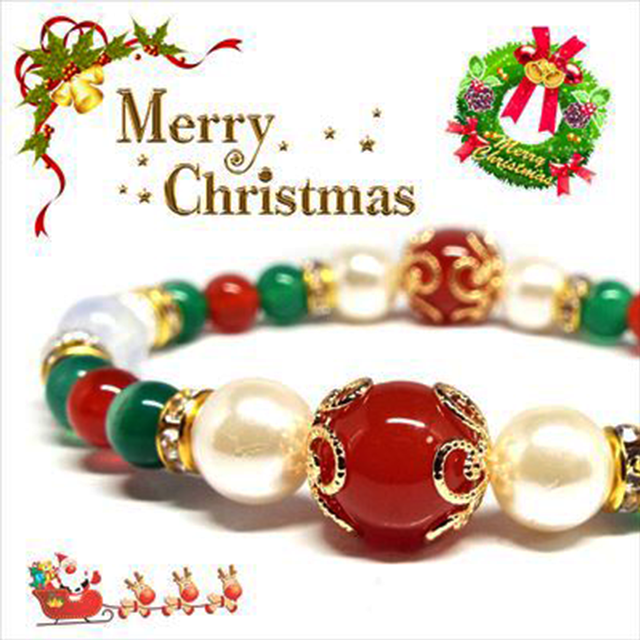 【Happy Xmas♪】天然石カーネリアン&オパール クリスマスデザインブレスレット(10mm)★