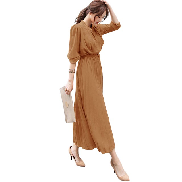 プリーツワンピース 長袖 プリーツ ワンピ ふんわり 上品 大人 お呼ばれ 通勤 オフィス 可愛い シンプル Ma005 La Vie En Rose