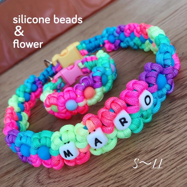 Beads Name エタニティフラワー首輪 S Ll 花 30色以上から選べるカラービーズ パラコード リード別売り Wantasista Swiny 名入れペット ベビーグッズ