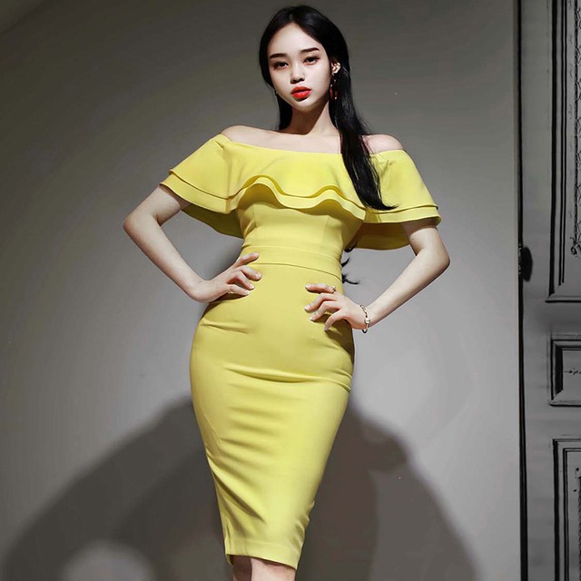 オフショルダー タイト ワンピース ドレス フリル 膝丈 半袖 黄色 イエロー パーティー お呼ばれ 二次会 かわいい おしゃれ 韓国ドレス K243 Hollys Design
