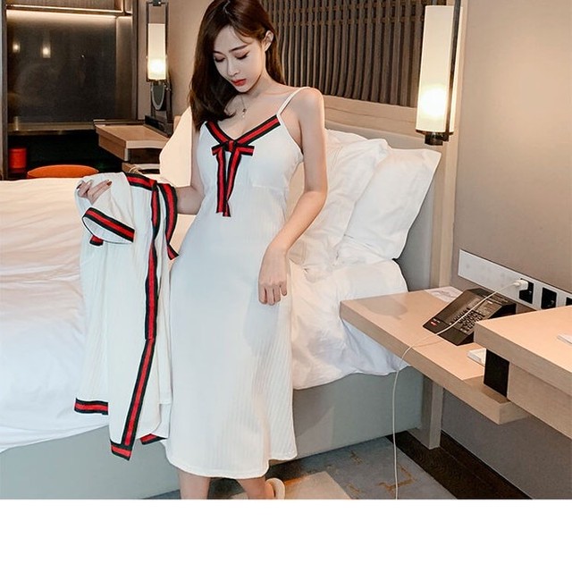 おうち可愛い セット ルームウェア ホテル ワンピース キャミソール バスローブ 白 ホワイト リボン シンプル セクシパジャマ Loveysmileshop