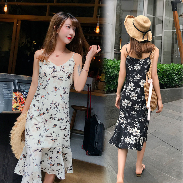 華やかフリルのシフォンワンピース キャミソールワンピ フェミニン ミモレ丈 花柄 フィッシュテール 春夏 ワンピース レディース Keysfashion