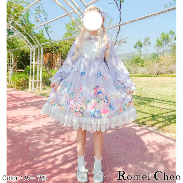 お支払い確認後日以内発送 Romelcheo ヘッドドレス付き ラビット フルーツ ワンピース うさぎ柄 フルーツ柄 リボン 長袖 膝丈 パステルカラー 甘ロリ メルヘン 大人可愛い ゆめかわ ガーリー ロリータ スイート系 ファッション ロメルチェオ Romelcheo