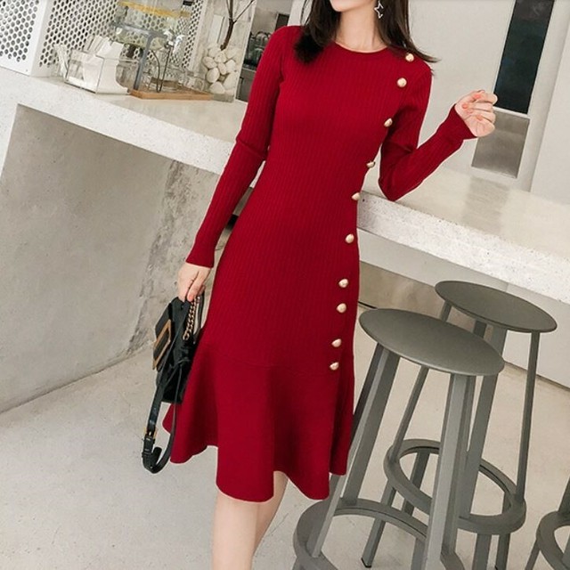 全2色 ニットワンピース フレアスカート ラウンドネック フロントボタン ひざ丈 ミディ丈 きれいめ カジュアル フェミニン 秋冬 デート お呼ばれ ワインレッド ブラック Like Fashion