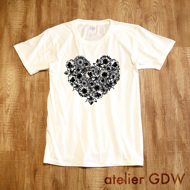 花ハート 白 Tシャツ Ateliergdw Miyake Shigeo