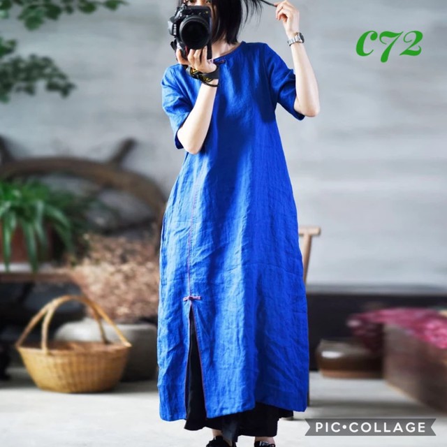 C72 新品 送料無料 レディース 春夏 リネン 麻 ワンピース ロングワンピース アジアン 半袖 チャイナドレス リネンワンピース ブルー 青 Hihaho Company リネン コットン素材のゆったりとしたレディースウェアのお店