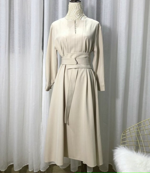 Aライン ワンピース ドレス キーネック ウエストベルト 長袖 エレガント きれいめ セレモニー フォーマル 結婚式 お宮参り 入学式 卒業式 お呼ばれ お出かけ 春 秋 Crystalhk