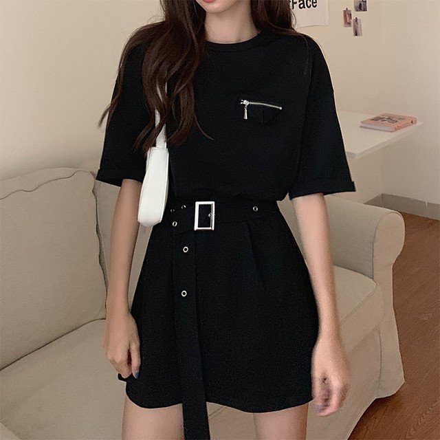 Tシャツ ワンピース ベルト付き ブラック 韓国ファッション レディース Tシャツワンピース 黒 無地 ラウンドネック オーバーサイズ 半袖 Aライン シンプル 大人可愛い ガーリー Dtc Bk レディースファッション通販 Mask エムエーエスケー 大人可愛い韓国