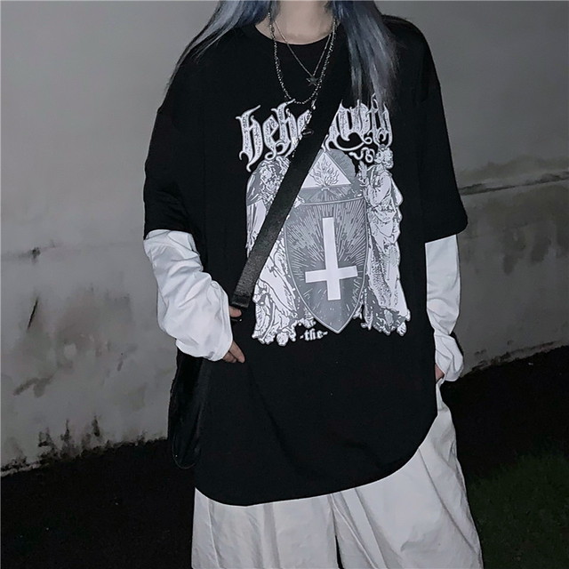 天使と悪魔 Tシャツ フェイクツーピース 逆さ十字 病み可愛い ゴスロリ Darkness 地雷系 原宿女子 ストリート系 韓国系 10代 代 天使と悪魔 サブカル系ファッション Seasonz