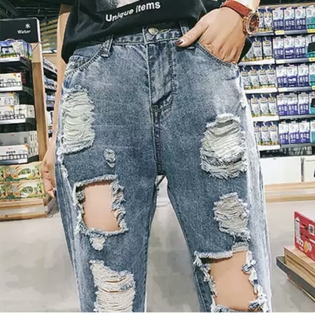 ダメージ ジーンズ デニム パンツ 個性的 ストリート系 大人 カジュアル お出かけ お買い物 デート 女子会 春 夏 通学 学生 通勤 韓国ファッション Like Fashion