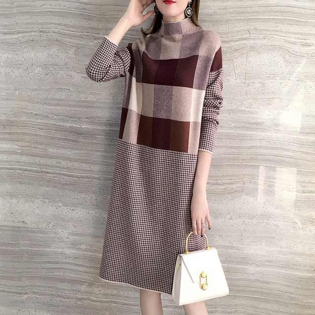 レディースファッション 40代 ファッション 秋冬 エレガント きれいめ 大人 30代40代50代 チェック柄 千鳥格子柄 切替 ニットワンピース ひざ丈 長袖 ハーフハイネック ボックスシルエット ゆったり 体型カバー フェミニン シック 大人女子 通勤 デート 女子会 Rb A11