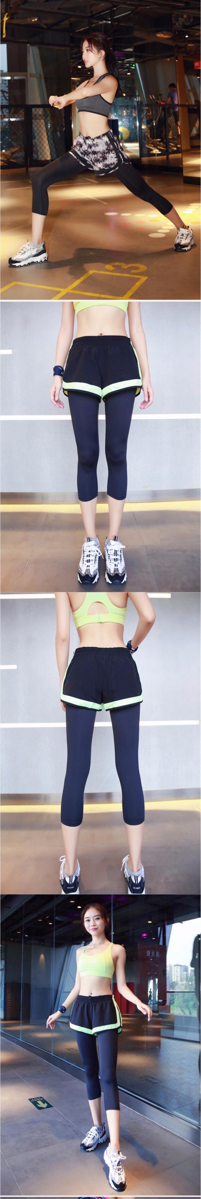 ランニングスポーツパンツ女性のストレッチタイトな2つの偽のクロップドパンツは薄いカバーヒップヨガ速乾性フィットネスパンツ夏でした サマー 夏物 Yoga Nao Sports