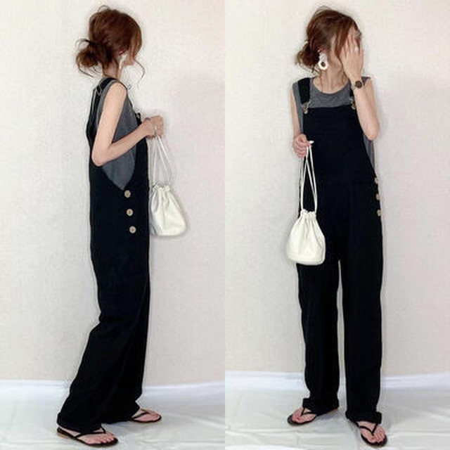 シンプル 体型カバー ベーシック かっこいいサロペットパンツ パンツ オーバーオール ロング丈 カジュアル おしゃれ 夏 レディース オールインワン 可愛い ボーイッシュ ワイドパンツ 楽ちん こなれ感 オールシーズン ブラック 黒 春 夏 秋 代 30代 40代 50代 Like