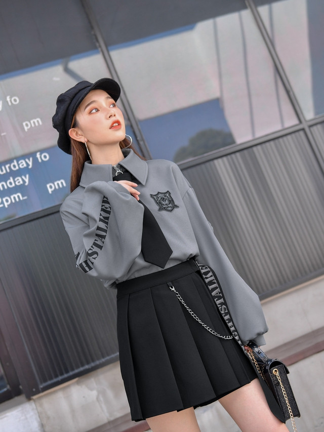 シャツ ブラウス ミリタリー ポリス グレー ボリュームスリーブ ウルフ ネクタイ オーバーサイズ 制服 Top Mode