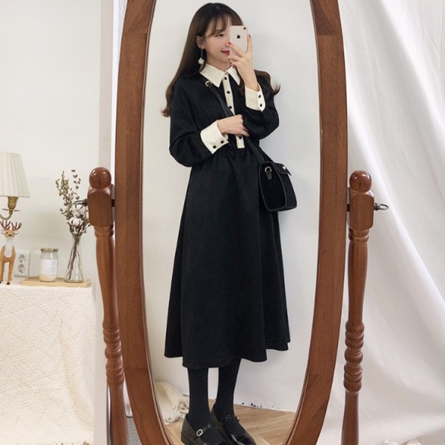 秋冬 ワンピース 韓国 ファッション 冬服 レディース レトロ ロングワンピース ボタン ワンピース ロング かわいい 襟付き モノトーン 黒 ワンピース ウエストシャーリング フレアワンピース オルチャン ファッション 韓国ワンピ Vestito
