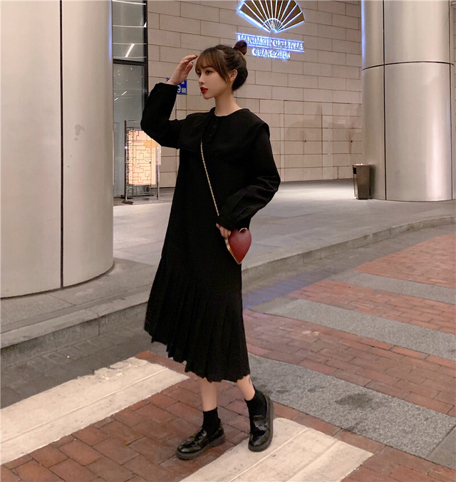 セーラーカラー 膝丈 プリーツワンピース 切替 長袖 ビッグカラー ブラックコーデ ローウエスト シンプル ガーリー 体型カバー 大きいサイズ 春 秋 Rb A09 0001 Redbell