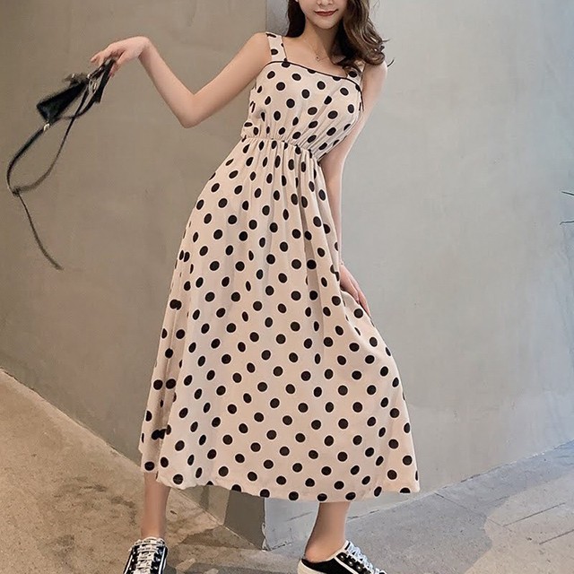 ドット柄ワンピース 水玉柄 水玉 ドット ワンピース ワンピースドレス キャミソールワンピ キャミワンピ Aライン リゾートファッション ウエストシャーリング レディース S0016 Aeka Clothet