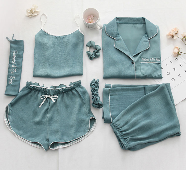 アイスシルク パジャマ ルームウエア セット ７点セット 長袖 ショートパンツ ピンク ネイビー 韓国ファッション オルチャン かわいい K397 Korean Select 韓国ファッション オルチャンファッション