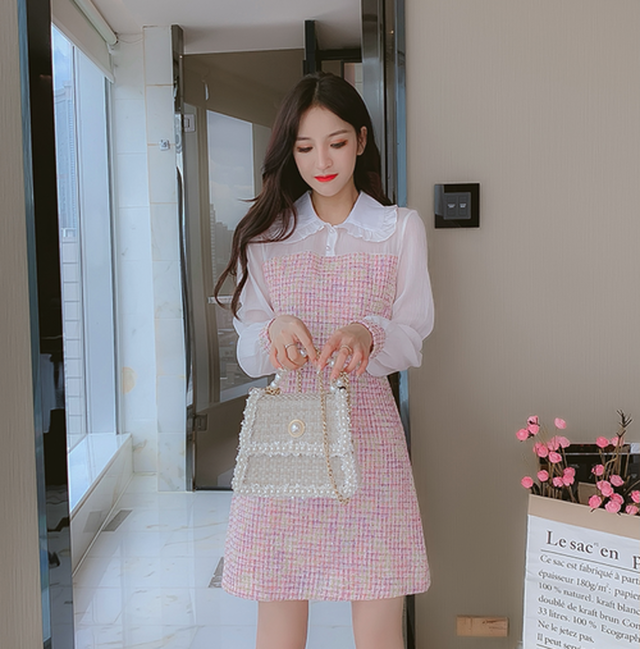 ワンピ ツイードワンピ ツイード ワンピース ツイードワンピース 長袖 膝上丈 ミニ丈 ピンク ブルー 2色展開 異素材ミックス 透け素材 透け感 透け袖 フリルえり ウエストシェイプ スリム コンパクト 華やか かわいい フェミニン カジュアル キュート 大人かわいい 通学