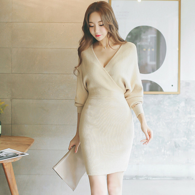 ワンピース ニットワンピース ショート丈 カシュクール 無地 ゆったり 大人可愛い カジュアル セクシー こなれ感 きれいめ 春夏 お出かけ 通勤 オフィス 女子会 Dea