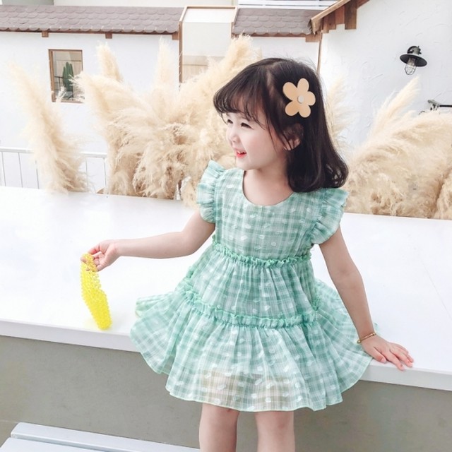 子供服 女の子 ワンピース 夏 膝丈 フリル チェック柄 ドット柄 水玉 かわいい おしゃれ ノースリーブ ラウンドネック 夏 サマー 可愛い キュート ガーリー キッズ グリーン ピンク Leaflower 001 リーフラワー レディースファッション専門店