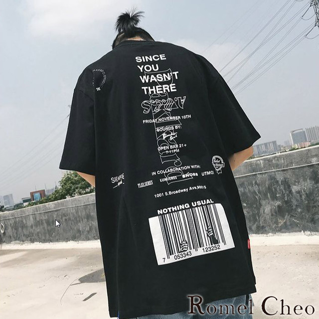 Romelcheo バーコードビッグtシャツ ストリート系 オーバーサイズ ビッグシルエット グラフィック ダボt バックプリント ヒップホップ Hiphop メンズ ロンt レディース ユニセックス 韓国系 原宿系 モード ロメルチェオ Romelcheo