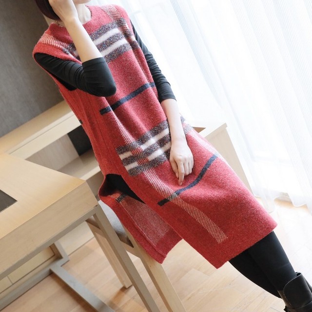 ニットワンピース チェック柄 チュニック ニット ベスト レディース ノースリーブ 大人可愛い おしゃれ お出かけ デート 代 30代 40代 アラサー アラフォー ブルー アプリコット レッド At872 Sunny Place