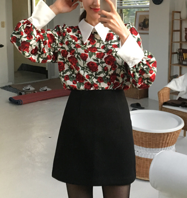 レトロ 花柄ブラウス 花柄シャツ シャツブラウス ブラウス レディース ブラウス 白 ブラウス 長袖 バラ柄 フラワープリント 上品 エレガント ガーリー 韓国 オルチャン 韓国ファッション 新作 春夏 春 夏 Om 185 Musubi Me 韓国 オルチャン レディースファッションのお店