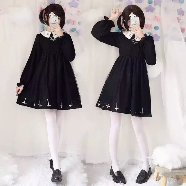 国内発送 D093 十字架ブラックワンピース ガーリー ロリータ ゴスロリ ワンピース Happycheek