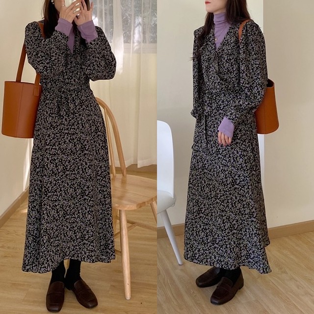 花柄 ロングワンピース ｖネック 春 ワンピース セットアップ ２点セット 韓国 ファッション レディース 春服 春物 小花柄 ワンピース カシュクール ラベンダー 黒 フレアワンピース ゆったり 大人かわいい ワンピース 春 コーディネートセット Vestito