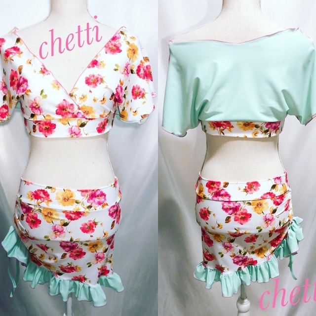 ピンク花柄 エメラルドグリーンフリル セットアップ Fg 67 Chetti ベリーダンス オリエンタル レッスン 舞台