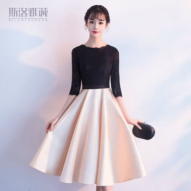 取寄 パーティードレス ミディアムドレス ひざ下丈 レース バイカラー Uネック フレア 袖あり 5分袖 二の腕カバー 結婚式 披露宴 二次会 お呼ばれ Dbl2530 Dress By Lc