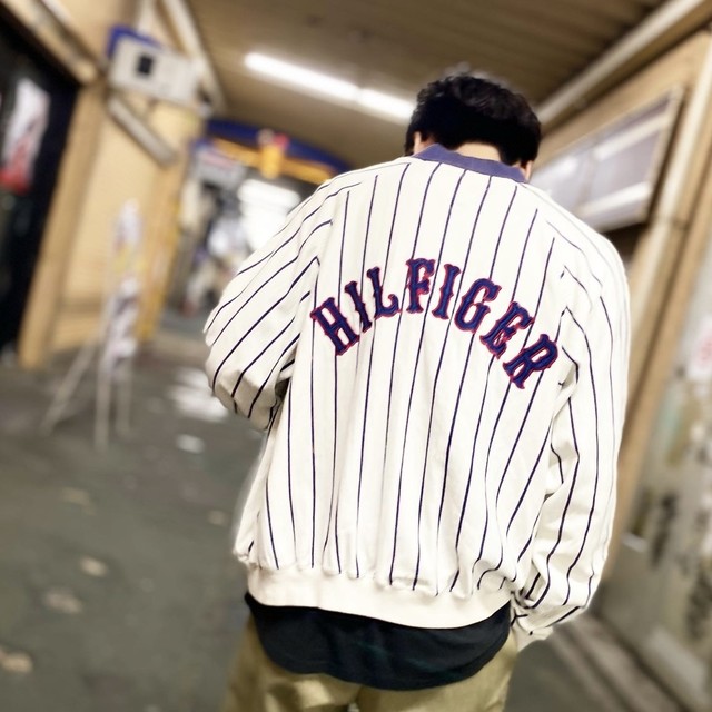 Tommy Hilfiger トミーヒルフィガー スタジアムジャンパー コットンスタジャン ベースボール ストライプ 白 黒 L Slat Albatross Vintage