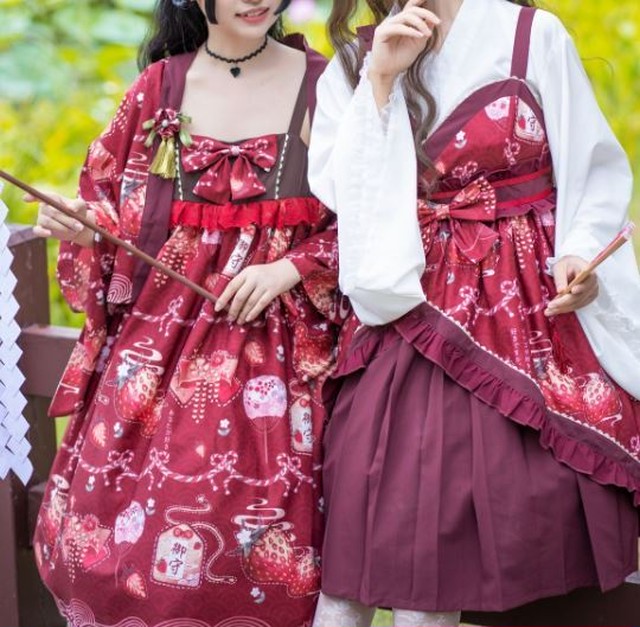 ロリータ ワンピース ロリータドレス ロリータファッション ゴスロリファッション ゴスロリ 和ロリ 和風ロリータ リボン フリル ジャンパースカート ボレロ 3色 花柄 お花 いちご柄 ストロベリー 袴風 膝丈 ひざ丈 ミディアム ノースリーブ 七分袖 かわいい ゆめかわ