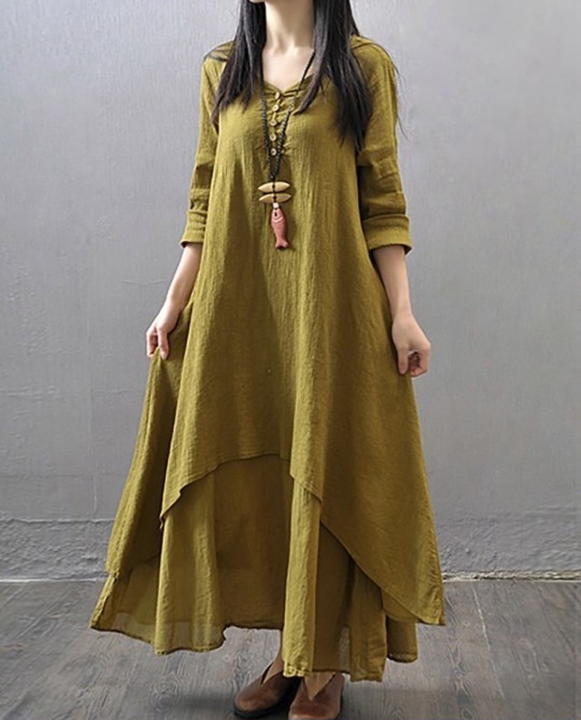 W18 マキシワンピース 綿麻リネン 森ガール ロングワンピース Hikarieshop