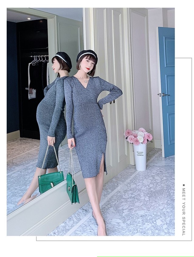 マタニティ ワンピース ミディ丈 Vネック ミディ丈 ニットワンピース マタニティーワンピース専門店 Ninpuku