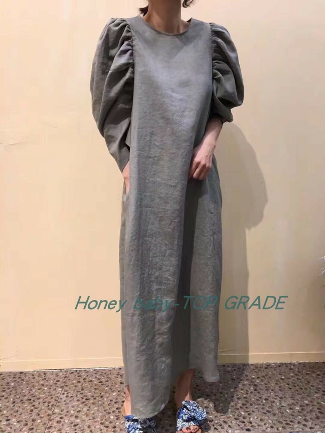 バックボタン パフスリーブ ワンピース マキシ丈 無地 カジュアル リネン バックコンシャス Aya1512 Girl Top