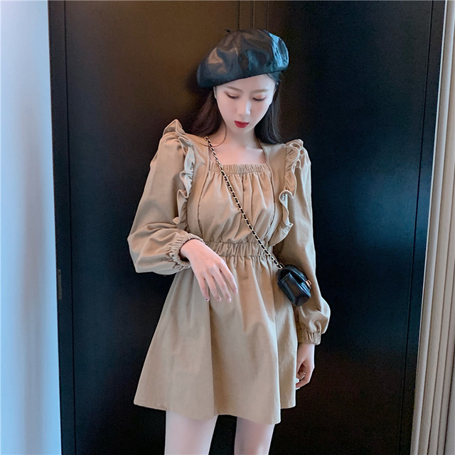 レディース ワンピース 春 夏 秋 冬 Aライン スカート 長袖 スタイルアップ フリル ワンピース シンプル ガーリー カジュアル おしゃれ 大人 可愛い キュート お出かけ デート 通学 キャンパス 通勤 オフィス 学生 旅行 女子会 普段着 ベージュ アプリコット Hf