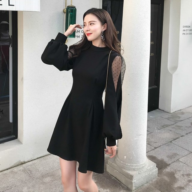 シースルー袖 ワンピース ドレス レディース レース 長袖 ミニ丈 結婚式 パーティー お呼ばれ 黒 レッド 全2色 秋 冬 新作 A Otb Closet