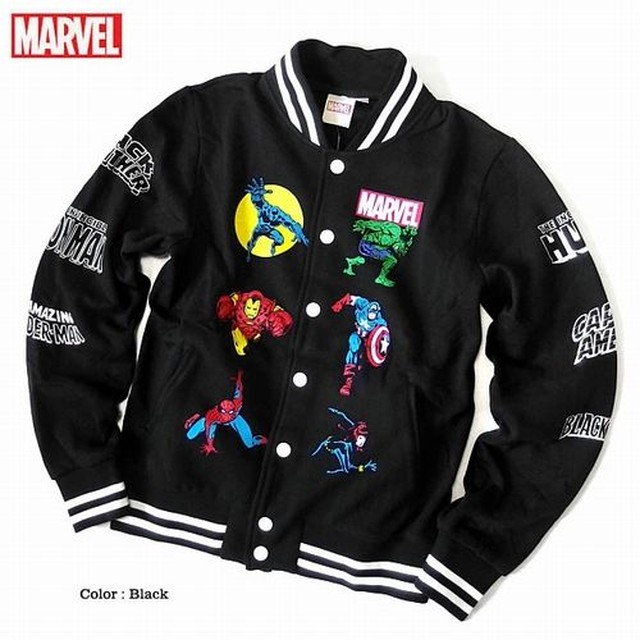 スタジャン ジャケット メンズファッション キャプテンアメリカ スパイダーマン Marvel 人気ヒーロー 豪華な裏起毛 豪華なデザイン オシャレ ハルク マーベル コミックス 裏起毛 サノス プリント インパクト有り しっかりした質感 ライン入りリブ 暖かい 正規ライセンス