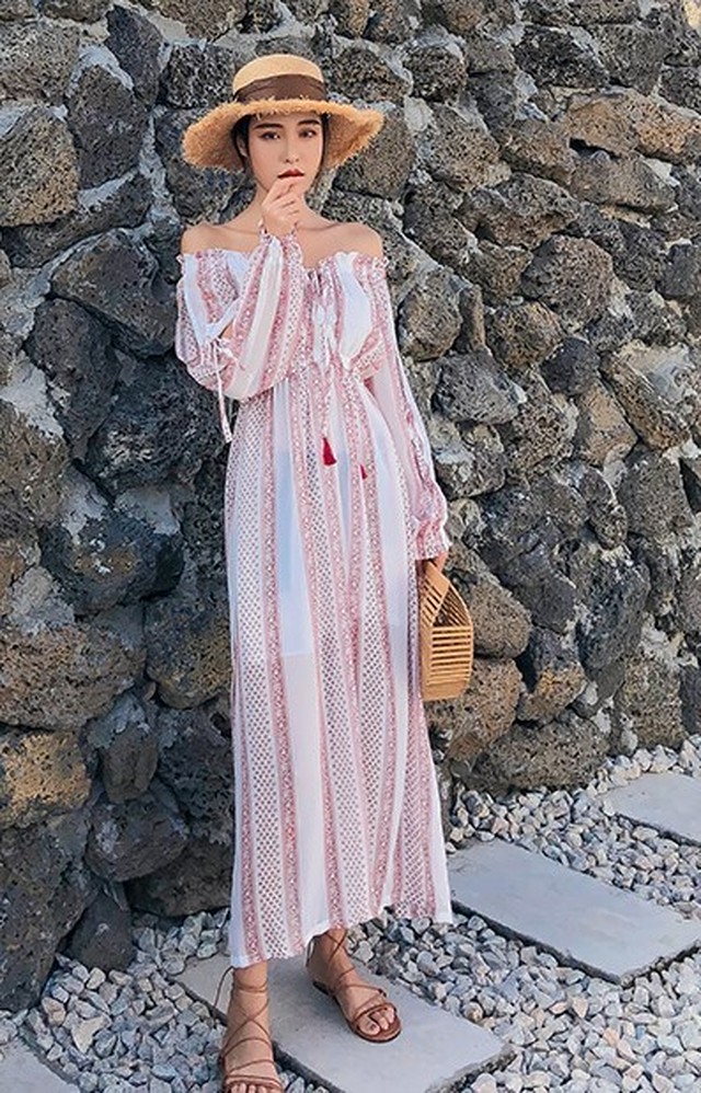 リゾートワンピース ワンピース ボヘミアン ストライプ レディース 春夏 2way オフショルダー 五分袖 ロング丈 ふんわり Ab1226 Valentina210