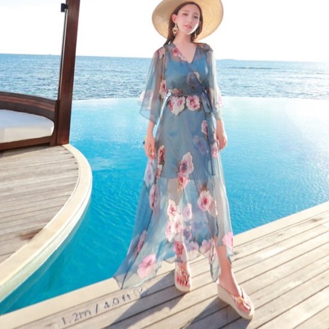 リゾートワンピース キャミワンピース キャミワンピ ミニ シースルー シフォン 花柄 リゾート 2点セット レディース ガウン ワンピース リゾートワンピース キャミワンピース キャミワンピ ミニ Leaflower 001 リーフラワー レディースファッション専門店