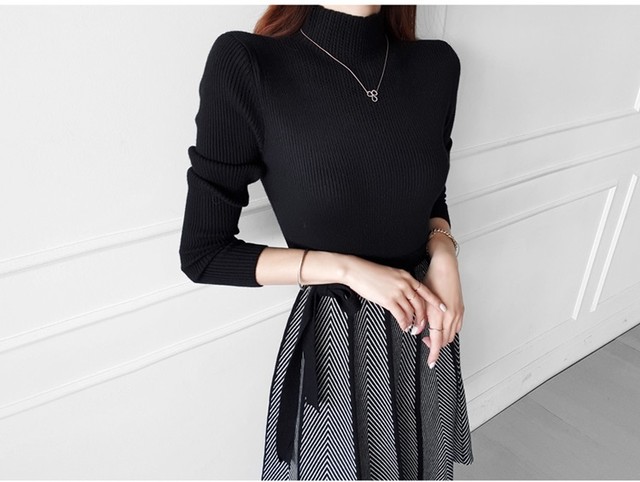 全３色 ワンピース ニット ハイネック ウエストリボン 長袖 Aライン シック 大人上品 卒業式 入学式 謝恩会 セレモニー お出かけ 七五三 Dressarroser