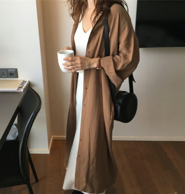 トップス レディース ロングシャツ シャツワンピ ロングワンピース 長袖 大人可愛い キャメル ネイビー 全２色 秋 新作 A Otb Closet