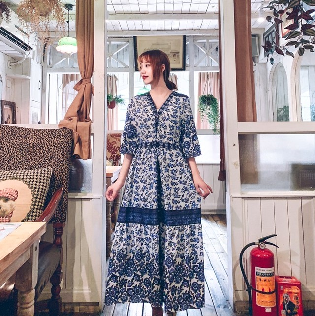 ボヘミアン ワンピース ロングワンピース 五分袖 ワンピース 花柄 ワンピース レトロ小花柄ワンピース マキシワンピース リゾート ビーチ 春 夏 レッド ブルー Canzone カンツォーネ