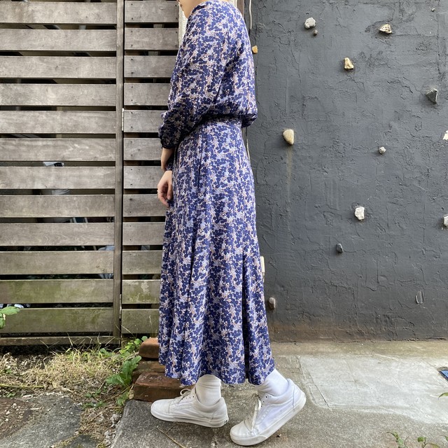 綺麗なシルエット Usa製 長袖 レーヨンワンピース 花柄 ネイビー 高円寺古着 Slat Albatross Vintage