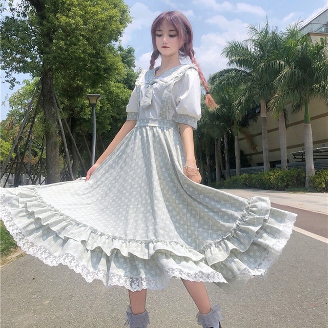 2点セット Lolita Jsk Dress ロリータ キャミワンピース ロリィタ お茶会 花柄 セーラー服の襟 グレー グリーン ピンク Mintcat